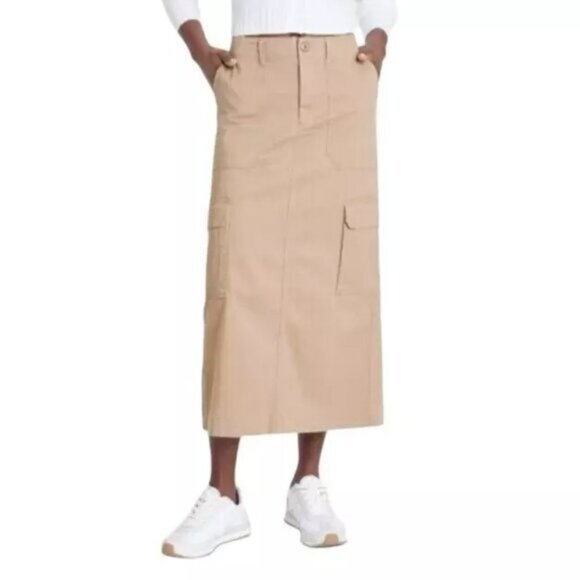 Universal Thread Skirt Tan Midi Cargo Pockets Casual Womens - Picture 1 of 9